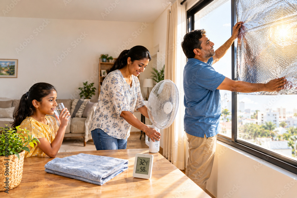 Obraz premium Family Preparing Home For Extreme Summer Heatwave With Window Shade And Fan
