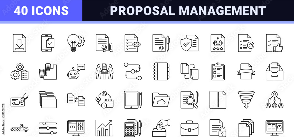 Fototapeta premium Business Proposal Management line icon set. Vector pictograms of quotation, contract, workflow, and approval elements, thin linear illustration.