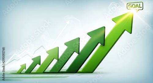 Green arrows rising towards a goal sign on background.