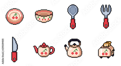 Cute Kitchen and Dining Objects Pixel Art Collection