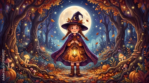 Young witch stands in a magical forest holding a glowing lantern under a full moon