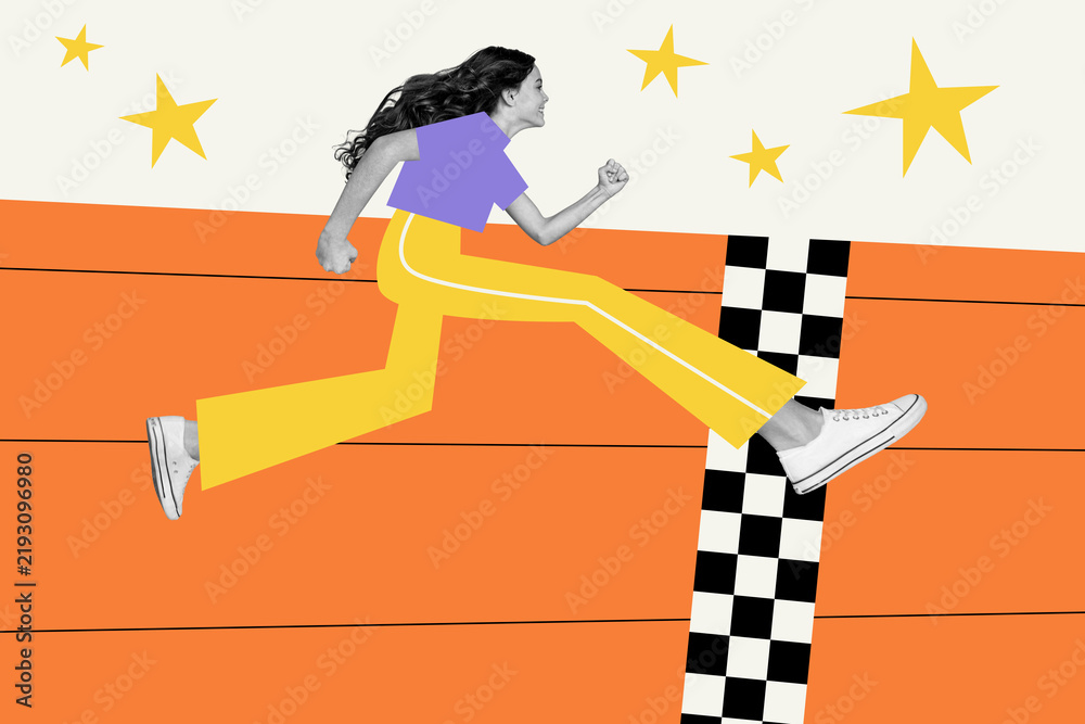 Obraz premium Young woman jumping over a finish line in a colorful collage style running toward success and victory in a playful abstract sports concept