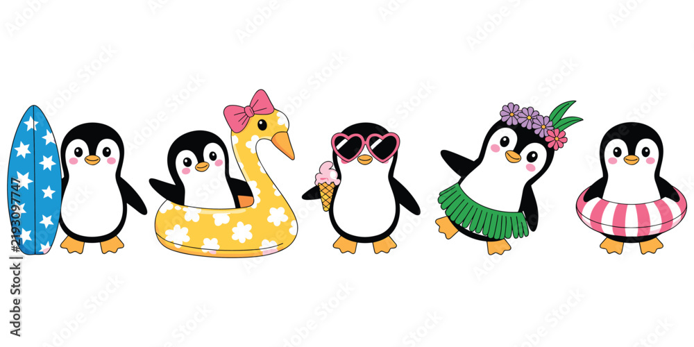 Fototapeta premium A collection of five cute cartoon penguins enjoying summer activities, including surfing, swimming with a float, eating ice cream, and wearing a hula skirt