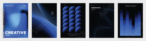 Abstract blue gradient poster templates set. Vector futuristic backgrounds with flowing waves, 3D spheres, mesh lines, blurred shapes and geometric bars for modern creative layouts.