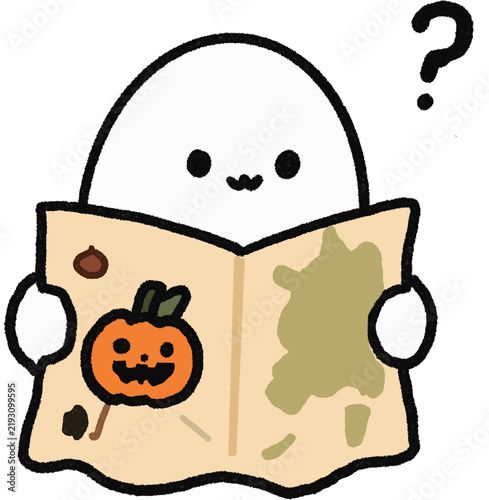 Hand Drawn Cute Ghost Reading a Map Illustration
