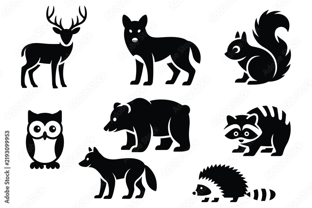 Obraz premium Collection of black animal silhouettes including a deer, wolf, squirrel, owl, bear, raccoon, fox, and hedgehog on a white background, representing forest wildlife