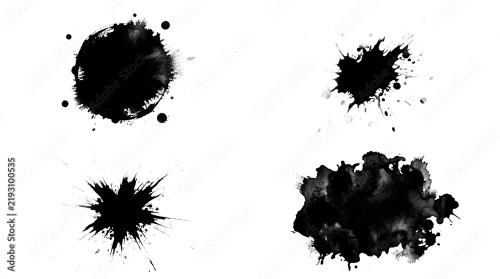 Fototapeta premium Four Black Ink Splatter Abstract Shapes Isolated.