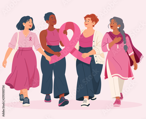 Illustration vectorielle de femmes diverses et intergénérationnelles tenant un grand ruban rose, symbole de la sensibilisation au cancer du sein. Une scène inclusive exprimant solidarité et espoir
