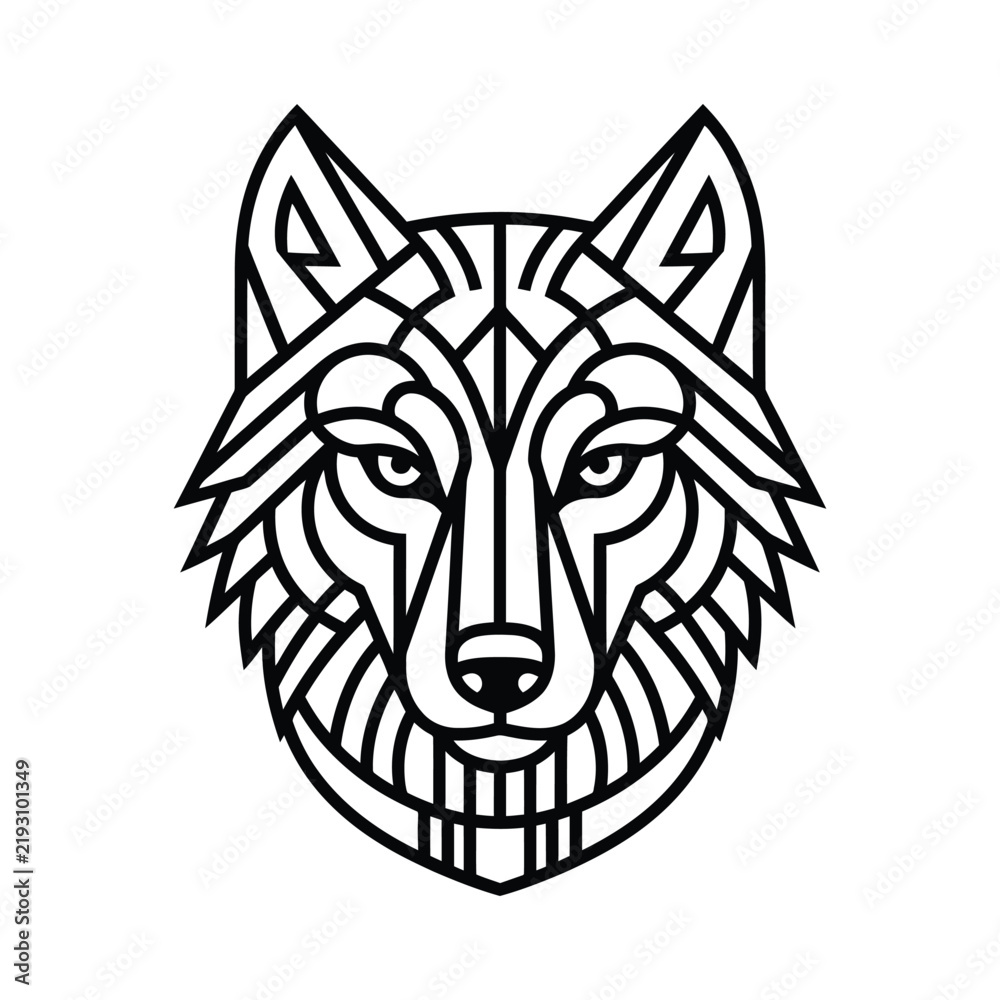 Obraz premium Wolf Head Geometric Line Art Illustration With Majestic Wild Animal Portrait, Intricate Tribal Style Outline, Minimalist Nordic Wildlife Design, And Bold Black And White Vector Artwork