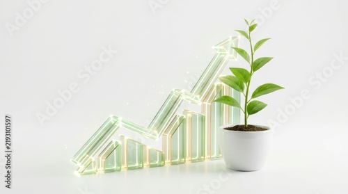 Financial Growth Chart with a Green Plant Symbolizing Investment and Prosperity in a Bright Minimalist Setting