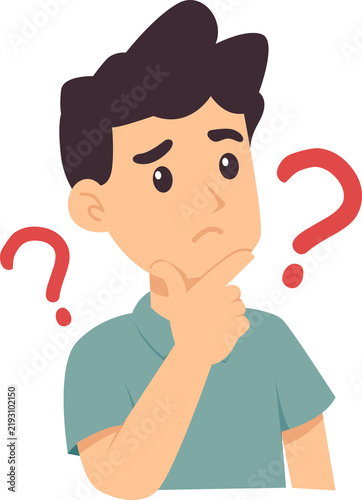 Canvastavla Confused young man in green shirt with red question marks