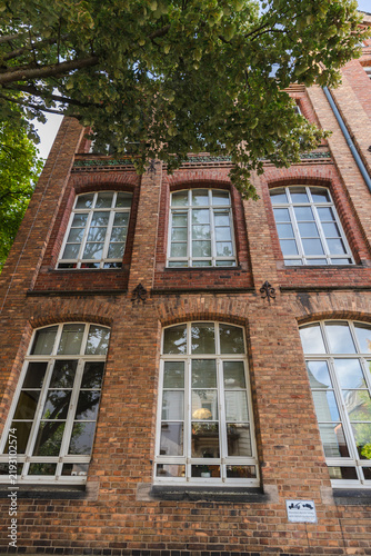 Фотография Upward View of Historic Brick Building Facade Beneath a Leafy Tree