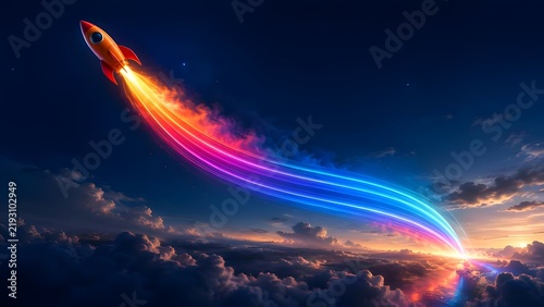 Glowing rocket launching into dark night sky with colorful neon light trail symbolizing creative innovation and business startup journey