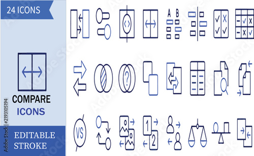 Editable Stroke Comparison and Evaluation Line Icons Set – 24 Vector Symbols of Charts, Balance Scales, Check Marks, Lists, and Opposite Arrows for UI, Web Design, and Business Analysis