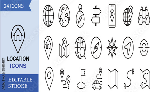 Editable Stroke Location and Navigation Line Icons Set – 24 Vector Symbols of Maps, Globes, Compasses, GPS Pins, Mobile Devices, and Direction Signs for Travel, UI, and Web Design