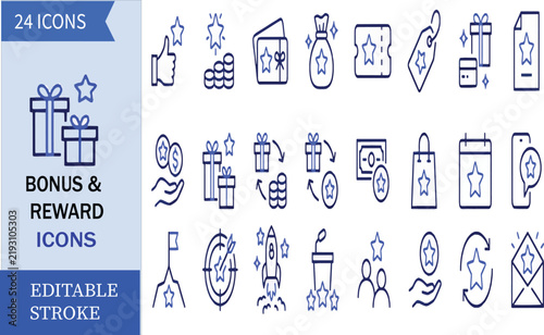 Bonuses and Rewards Line Icon Set – Gift, Loyalty, Discount, Cashback, Shopping, Coupon, Special Offer, Customer Benefits, Promotion and E-Commerce Icons