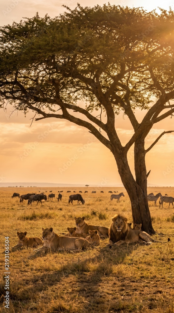 Fototapeta premium pride of lions resting under acacia tree on african savanna at sunset. golden hour wildlife landscape with grazing zebras and wildebeests. safari travel, nature conservation