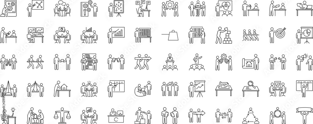 Obraz premium Business Collaboration And Strategy line icon set. Vector pictograms of team, meeting, partnership, and planning elements, thin linear illustration.