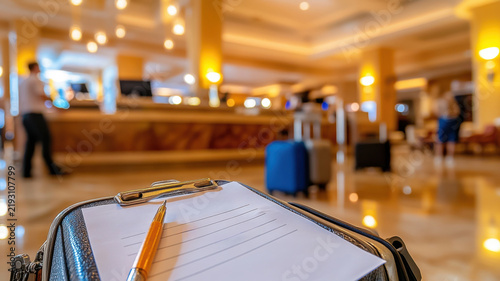 Hotel guest completing post stay satisfaction feedback form in warm lobby with luggage near reception