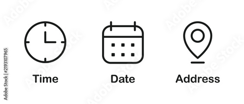 Time, date, and address icons set for event scheduling and location tracking