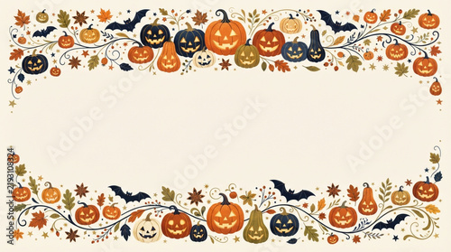 Decorative Halloween border frame with carved pumpkins and flying bats on a light background.