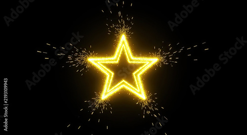 A bright, golden star bursts with radiant light and shimmering sparks against a stark black background. The star’s outline glows intensely, creating a dynamic and energetic visual effect.