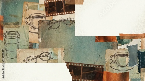 A collage image depicts a collection of coffee cups, film reels, and eyeglasses arranged on a textured background.