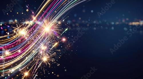 A vibrant explosion of fireworks illuminates a dark night sky. Colorful streaks of light radiate outwards, creating a dynamic and energetic display.