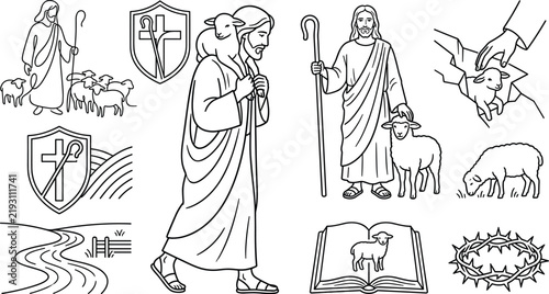 Bild auf Leinwand Jesus the Good Shepherd Christian Line Icon Vector Set Featuring Christ Carrying
