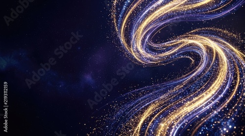 A swirling, golden light forms a cosmic spiral against a deep blue, star-filled background. The light trails shimmer and dance, creating a sense of movement and energy.