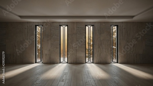 Modern interior with folding windows revealing a sunlit winter forest architecture room