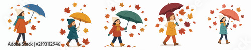 vector of a little girl walking with an umbrella in autumn