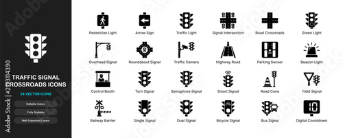 Traffic signal crossroads flat icon set. Lights intersection stoplight, pedestrian crossing signal, road light lantern symbols for web app ui design.