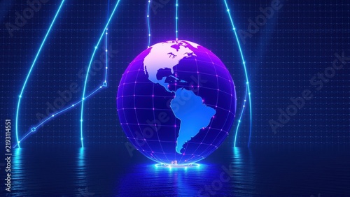 Glowing globe suspended above reflective surface. Digital lines connect points around planet. Futuristic, vibrant visual presentation.