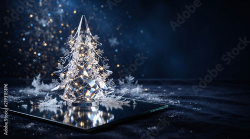 Elegant transparent crystal Christmas tree sculpture on a reflective surface, surrounded by delicate ice crystals and tiny sparkling lights