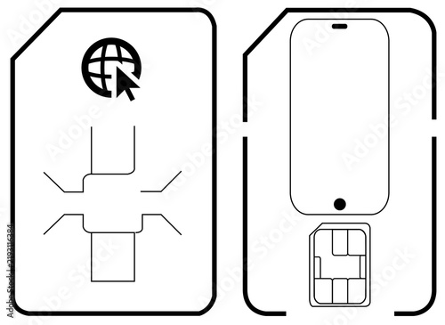 SIM Card Installation and Mobile Phone Network Connection Line Icon Illustration. Mobile SIM card with internet icon and smartphone line art vector