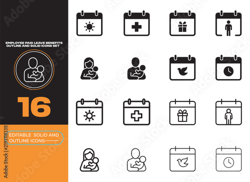 Employee Paid Leave Benefits Outline and Solid Icons Set.eps