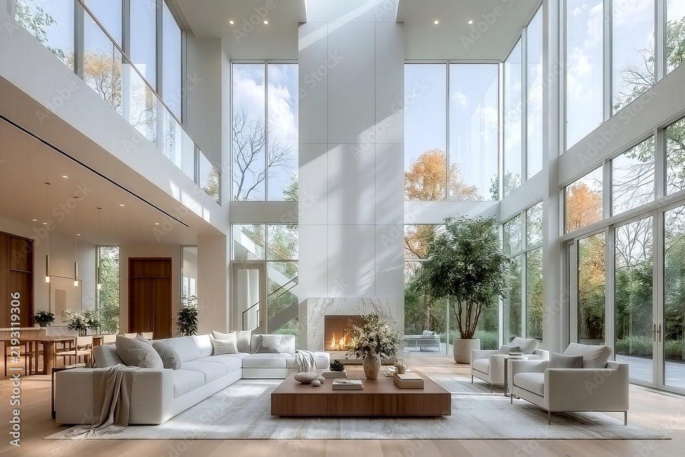 Obraz premium Modern Minimalist Living Room Interior Design with High Ceilings and Floor to Ceiling Glass Windows