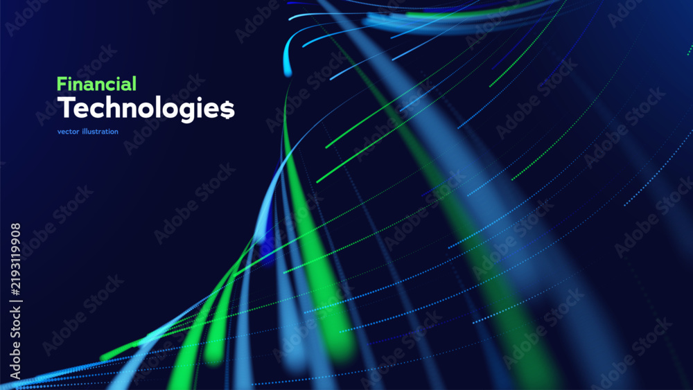 Obraz premium Financial Technolog Abstract Background With Flowing Blue And Green Light Trails Representing Business Growth, Finance Strategy, Investment And Digital Marketing Innovation. Vector Illustration