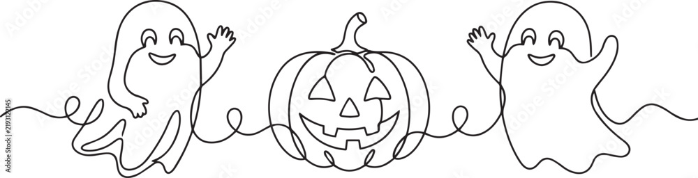 Obraz premium Two cute ghosts and a pumpkin in one single continuous line isolated on transparent background