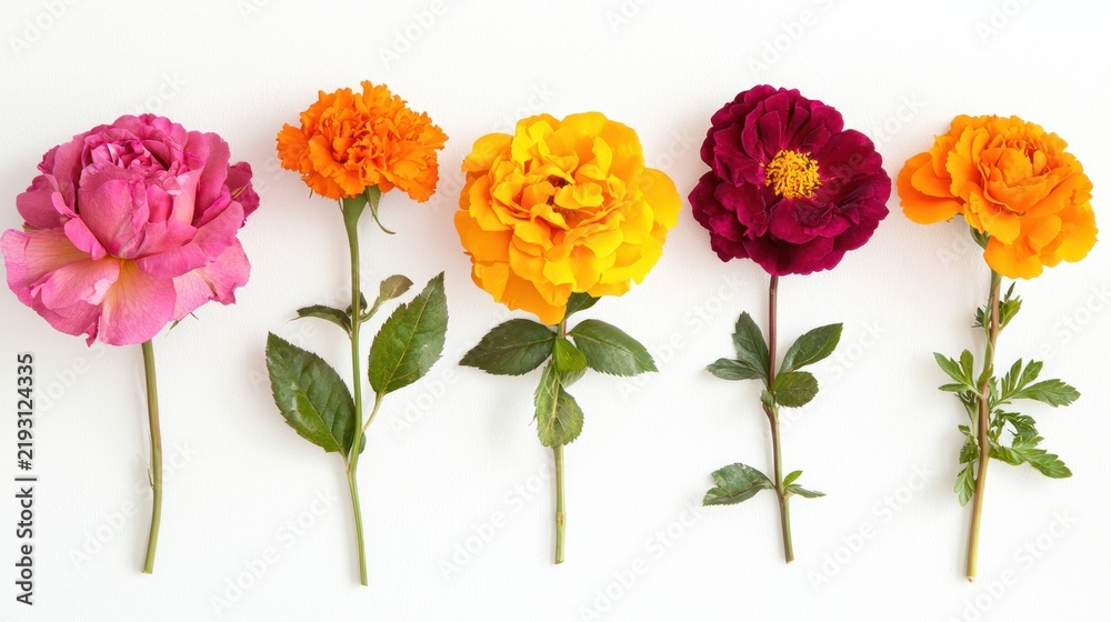 Obraz premium A simple flat lay of fresh garden flowers like roses and marigolds, isolated on a clean white background.