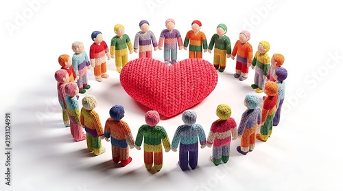 Diverse multi-colored knitted dolls standing in a circle around a large red handcrafted heart, representing global community, inclusive love, social support, and diversity in a craft style.