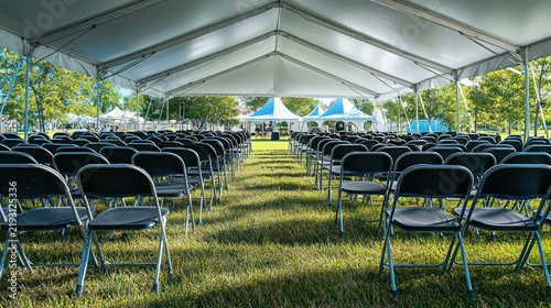 An event tent with rows of chairs for an outdoor corporate seminar or team-building event.