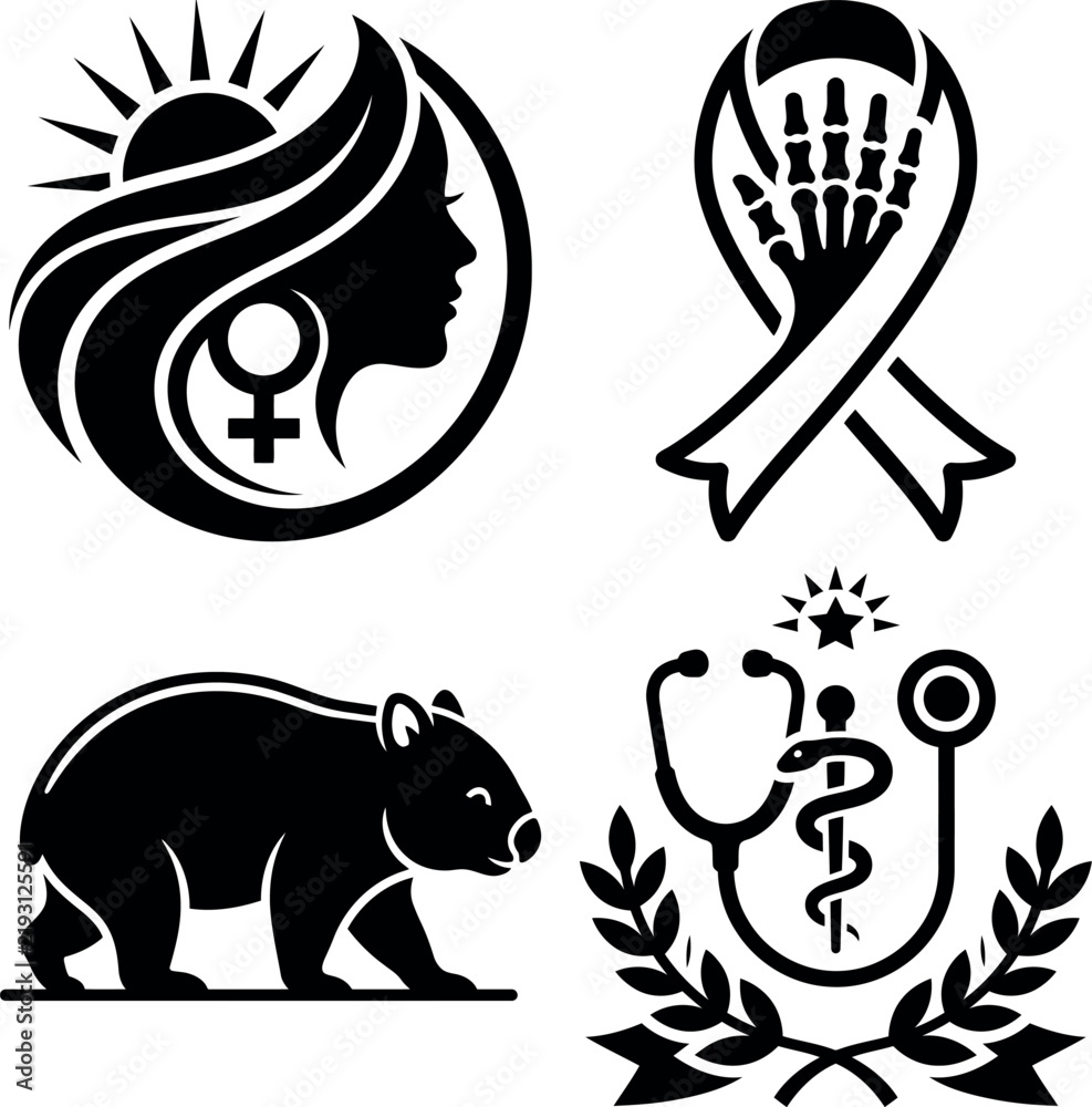 Obraz premium Four distinct black and white symbolic icons featuring medical and zodiac elements