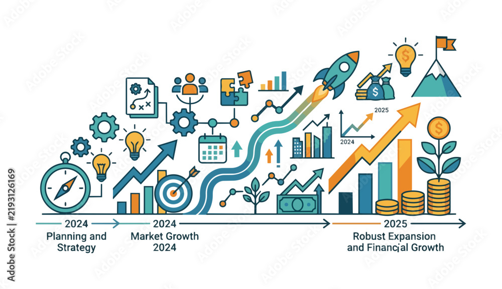 Naklejka premium Business growth concept vector illustration showing timeline strategy planning rocket launch financial progress and market expansion icons.