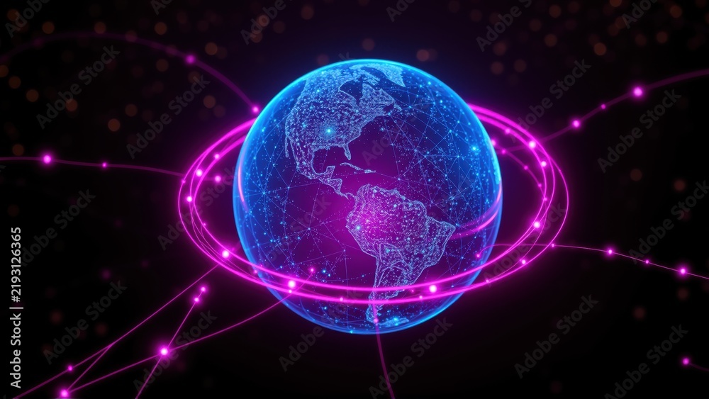Fototapeta premium Digital globe illustration. Bright neon lines connect continents, forming network. Dark background emphasizes glowing sphere.