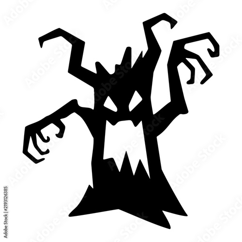 Foto Dark eerie gnarled tree creature with glowing eyes and a frightful expression on