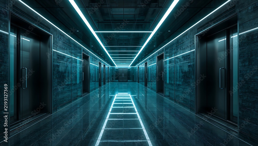 Obraz premium Generative AI depicts a futuristic, sleek elevator corridor with neon lighting