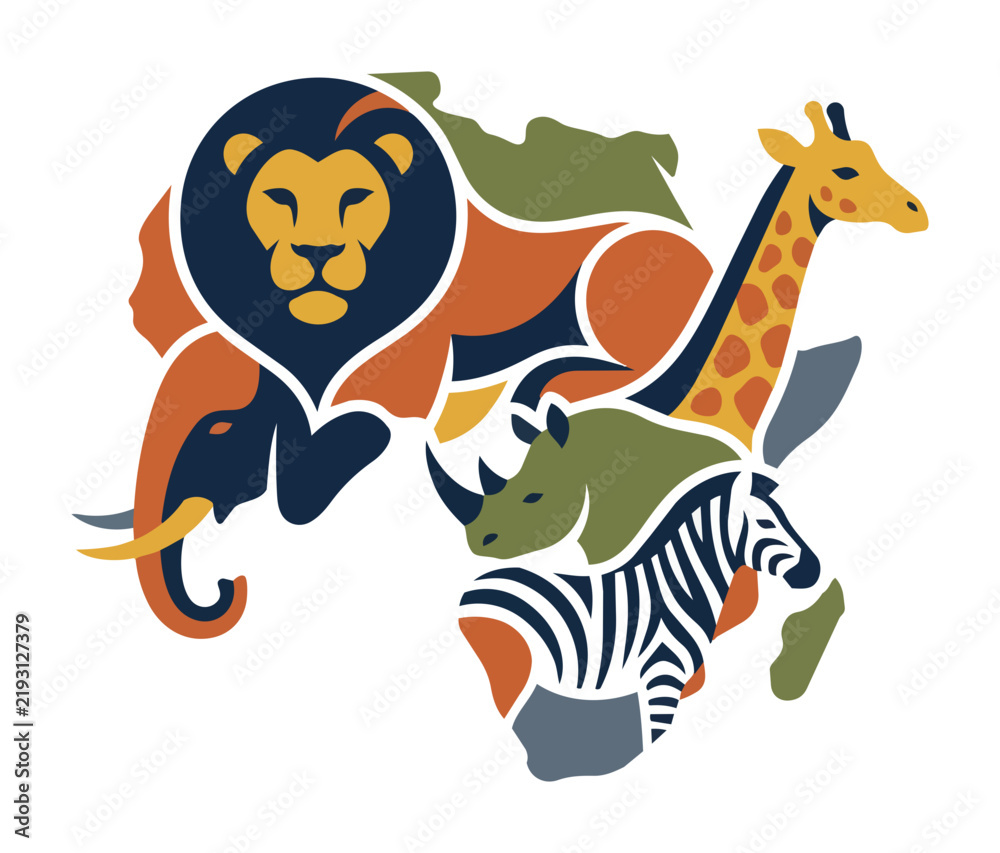 Fototapeta premium African Wild Animals Map Emblem Flat Vector Illustration.