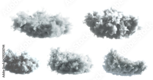 Realistic dark clouds set. Fluffy grey storm clouds, realistic smoke puffs, cumulus weather elements, overcast sky atmosphere. 3D render cloud shapes and foggy steam texture vector illustration set.